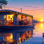 Create an image of a cozy houseboat anchored on a calm lake during a sunset. The houseboat has a charming exterior with potted plants and fairy lights adorning its porch. On the deck, there’s a couple sipping coffee, enjoying the picturesque view, and a bicycle leaned against the railing. The surrounding water reflects the vibrant colors of the sunset, and ducks are swimming nearby. The overall feel of the image is serene and inviting, capturing the essence of life on a houseboat.