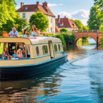 Create an image of a family on a picturesque canal, cruising on a charming, retro-style Penichette houseboat. The scene is set in Europe, with lush greenery, quaint villages, and historic bridges in the background. The family is smiling and enjoying the serene waters, with one member steering the boat, while others are relaxing on the deck, taking photos, or reading a book. The sunlight casts a warm glow, adding to the overall atmosphere of relaxation and adventure.
