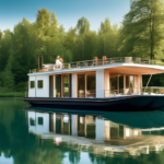 Create an image of a serene lake with a luxurious houseboat gently floating on the water. The houseboat, rented from Kuhnle Tours GmbH, features a cozy yet modern design, complete with a sun deck, lounging chairs, and large windows. Surrounding the houseboat are lush, green landscapes with tall trees and a clear blue sky reflecting on the calm water. People can be seen enjoying their time on the houseboat, engaging in activities like fishing, reading a book, or sipping coffee while taking in the beautiful scenery. The setting exudes tranquility and adventure, showcasing the perfect houseboat vacation experience.