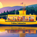Create an illustration of a vibrant yellow houseboat named 'Yellow Submarine' set on a serene lake during sunset. The houseboat features cozy outdoor seating, string lights, and cheerful decor reminiscent of a classic submarine. In the background, lush green trees and gentle hills frame the calm water, creating a peaceful, inviting atmosphere. A family or group of friends is seen enjoying their vacation, engaging in activities like fishing, having a meal, or simply relaxing on the deck.