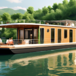 Create an image of a scenic waterway with a modern Kuhnle houseboat cruising along the calm waters. Surround the boat with lush greenery, and show passengers relaxing on the deck, enjoying the sunshine. In the background, include picturesque views of quaint villages and rolling hills. The scene should evoke a sense of adventure and tranquility, encapsulating the experience of a vacation on the water with Kuhnle boat.