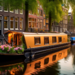 A cozy, beautifully decorated houseboat moored along a picturesque canal in Amsterdam, surrounded by charming historic buildings and lush, green trees. The