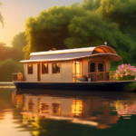 A serene houseboat floating peacefully on calm water, surrounded by lush greenery and vibrant flowers, with a cozy outdoor seating area on the deck. The su