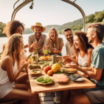 A cheerful group of friends enjoying an adventure vacation on a spacious houseboat, cruising through serene waters surrounded by lush greenery and pictures