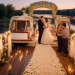 A scenic wedding ceremony taking place on an elegant houseboat cruising along a tranquil river at sunset, with the happy couple exchanging vows on the deck
