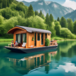 A scenic image of a cozy houseboat floating on a serene, blue lake surrounded by lush greenery and mountains in the background. A happy family is seen on t