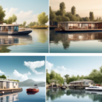 An image depicting a split scene: on one side, a picturesque houseboat with cozy interiors, plants, and a relaxing outdoor deck scene floating on calm wate