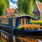 A cozy houseboat anchored on a calm canal in the Netherlands, surrounded by picturesque Dutch architecture and lush greenery. The boat has charming, inviti