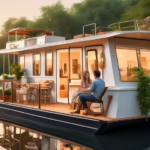 A serene scene of a renovated houseboat moored on a calm waterway. The houseboat features fresh, stylish paint and modern amenities, with a deck adorned wi