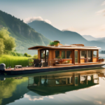 A serene houseboat floating gently on a tranquil lake surrounded by lush greenery and mountains in the distance. The houseboat is cozy and well-equipped, w