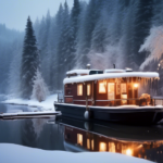 A cozy houseboat anchored on a serene, snowy river, with smoke gently rising from its chimney. Snow-covered trees and gently falling snowflakes surround th