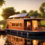 A picturesque scene of a charming houseboat floating peacefully on a calm river, surrounded by lush greenery and serene waters. The houseboat has modern am