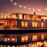 Create an image of a luxurious houseboat serving as a unique event location on a serene river during sunset. The houseboat is beautifully decorated for a s