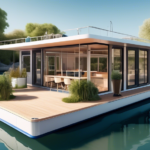 Create an image of a modern and stylish houseboat designed as a seminar room. The houseboat is floating peacefully on a serene lake under a clear blue sky.
