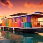 Create an image of a picturesque houseboat anchored near a serene coastline. The scene should include a vibrant sunset casting warm hues over the water, wi