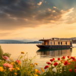 Create an idyllic scene of a houseboat gently floating on Lake Constance, surrounded by lush green hills and serene waters. The sun is setting, casting a w