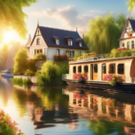 Create an enchanting scene of a houseboat floating gently on the Main River, surrounded by lush greenery and charming German architecture in the background