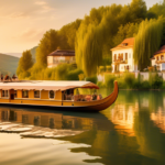 An enchanting houseboat floating on the serene Danube River, surrounded by lush green landscapes and picturesque villages. The sunset casts a warm golden g