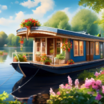Create an enchanting scene depicting a houseboat moored peacefully on the Havel River. The image should capture the serene beauty of the water, surrounded