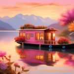 A serene and tranquil scene depicting a charming houseboat floating peacefully on a pristine lake. The houseboat is artistically designed with rustic woode