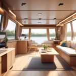 Create an image of a beautifully designed houseboat interior, showcasing optimal furnishings and solutions. The scene should include stylish yet functional