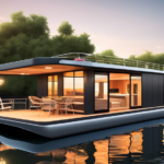 Create an image of a perfect houseboat designed for adventurous explorers, featuring a sleek modern design with spacious outdoor decks, solar panels, and a
