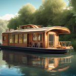 Create an image of a serene and picturesque scene featuring a cozy houseboat moored on a tranquil river. The houseboat is designed in a charming, rustic st