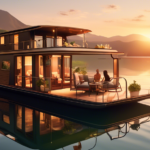 Create an image depicting a serene scene of a luxurious houseboat gently floating on a tranquil lake. The houseboat is elegantly furnished with a cozy deck