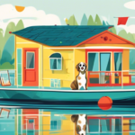 Create a charming and whimsical illustration of a houseboat designed specifically for dogs. The scene shows a sunny day on a calm lake, with a colorful, do