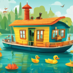 Create an illustration of a whimsical, adventurous houseboat journey specifically designed for children. The scene should feature a colorful, cartoonish ho