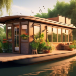An idyllic houseboat designed for nature lovers, featuring large windows, a wooden exterior, surrounded by lush greenery and serene water. There are comfor