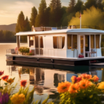An idyllic scene featuring a luxurious houseboat designed for senior travelers, showcasing comfortable outdoor seating, vibrant flowers, and easily accessi
