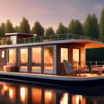 Create an image of a cozy houseboat designed for singles, drifting peacefully on a serene lake during sunset. The houseboat should feature modern amenities