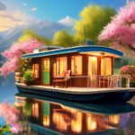 Create an image of a picturesque scene featuring a charming houseboat floating gently on a serene lake surrounded by lush, blooming spring landscapes. The