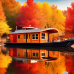 Create an image of a cozy houseboat nestled on a serene lake surrounded by vibrant autumn foliage. The trees are painted in rich oranges, yellows, and reds