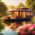 Create an image of a serene houseboat floating gently on a tranquil lake surrounded by lush greenery and vibrant flowers in a park. The scene should convey