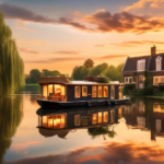 Create an image of a serene and picturesque scene featuring a houseboat gently floating on a tranquil river in Belgium. The backdrop features lush greenery