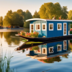 A picturesque scene of a charming Danish houseboat floating on a serene lake, surrounded by lush greenery and clear blue skies. The houseboat is designed w