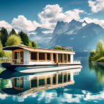 Create an image of a serene scene featuring a luxurious houseboat anchored on a calm Swiss lake. The houseboat should have a modern, elegant design with la