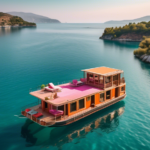 Aerial view of a beautifully crafted houseboat on the calm, turquoise waters of Turkey's coastline. The boat is surrounded by lush landscapes, with small i