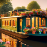 Create an image of a charming houseboat floating peacefully on a serene English canal. The scene is set during a golden hour, casting a warm glow on the su