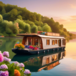 Create an inviting image of a picturesque houseboat moored on a calm lake at sunset, surrounded by lush greenery and colorful flowers. Include small detail