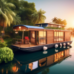 Create an image of a beautiful houseboat docked at a serene marina, surrounded by lush greenery and calm waters. The scene should include a For Sale sign w