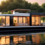 Create an image of a serene, modern houseboat leisurely floating on a calm river at sunset. The houseboat is sleek and stylish, featuring large windows and