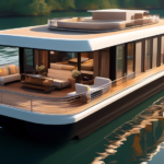 Create an image of a luxurious houseboat floating peacefully on a serene body of water. The houseboat should be elegantly designed with large windows and a