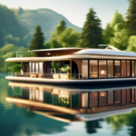 Create an image of a luxurious houseboat floating peacefully on a serene lake, surrounded by lush greenery and mountains in the background. The houseboat i