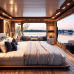 Create an image of a luxurious houseboat with a beautifully decorated bedroom. The houseboat is designed with modern architecture and elegant features, flo