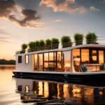 Create an image of a beautifully designed houseboat floating on a serene lake during sunset. The houseboat should have large, floor-to-ceiling windows show