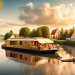 An idyllic European river scene featuring a charming, modern houseboat floating on calm waters. The houseboat is surrounded by lush greenery and picturesqu
