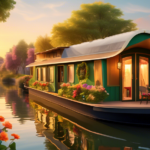 Create an image depicting a serene and peaceful lifestyle on a houseboat gently floating along a tranquil canal. The scene should capture the beauty of nat